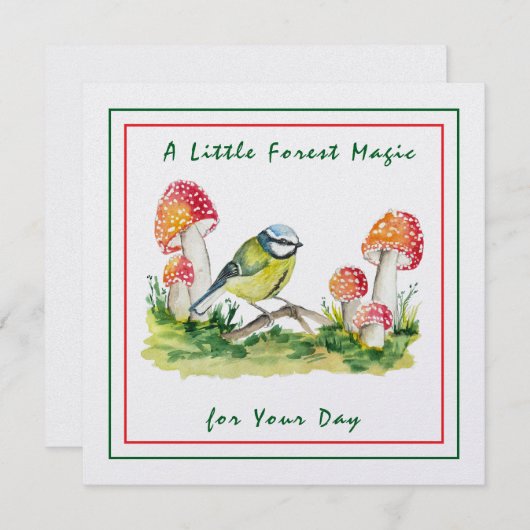 Blue Tit and Fly Agaric Watercolor Feestdagenkaart (Voorkant / Achterkant)