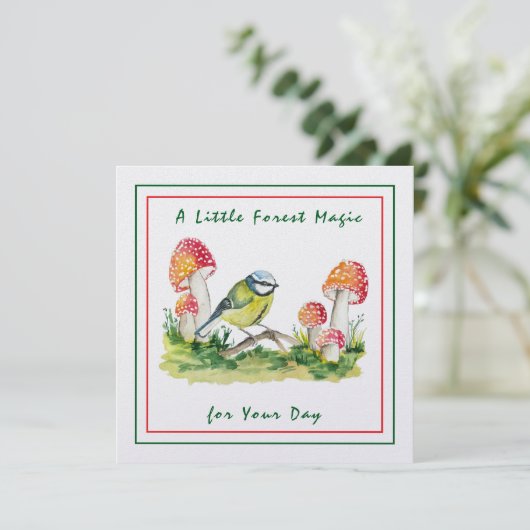 Blue Tit and Fly Agaric Watercolor Feestdagenkaart (Staand voorkant)