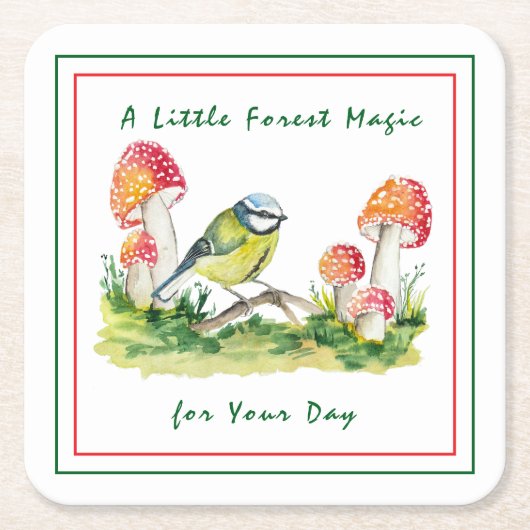 Blue Tit and Fly Agaric Watercolor Kartonnen Onderzetters (Voorkant)