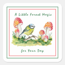 Blue Tit and Fly Agaric Watercolor Vierkante Sticker