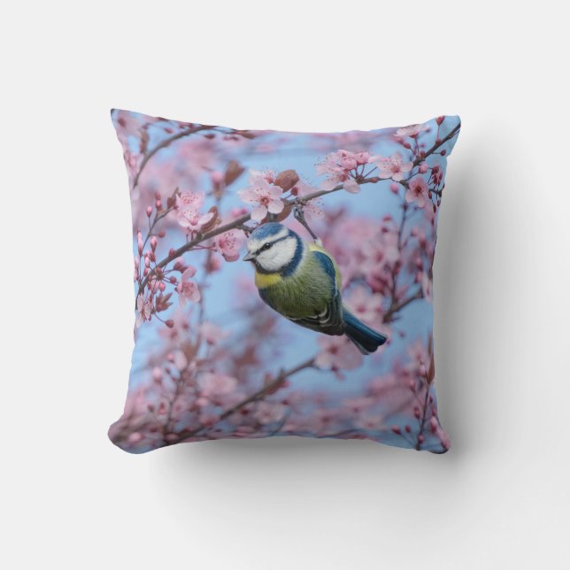 Blue Tit Bird in Pink Japanse Cherry Blossom  Kussen (Voorkant)