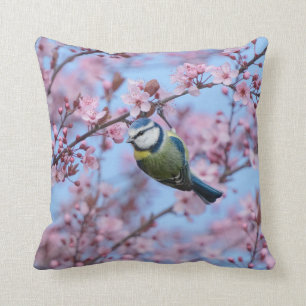 Blue Tit Bird in Pink Japanse Cherry Blossom Kussen