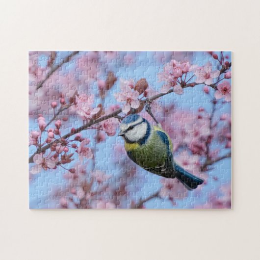 Blue Tit Bird in Pink Japanse Cherry Blossom Legpuzzel (Horizontaal)
