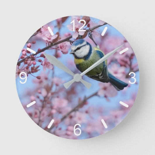Blue Tit Bird in Pink Japanse Cherry Blossom Ronde Klok (Voorkant)