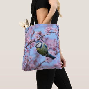 Blue Tit Bird in Pink Japanse Cherry Blossom Tote Bag