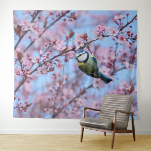 Blue Tit Bird in Pink Japanse Cherry Blossom Wandkleed
