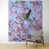 Blue Tit Bird in Pink Japanse Cherry Blossom Wandkleed (In situ)