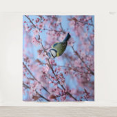 Blue Tit Bird in Pink Japanse Cherry Blossom Wandkleed (Voorkant)