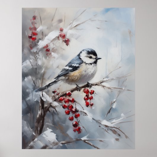 Blue Tit Bird on Snowy Berries Winter Art Poster (Voorkant)