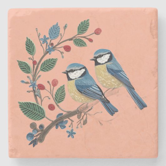 Blue tit birds on a vine Quilling design Stenen Onderzetter (Voorkant)