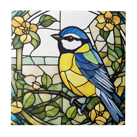 Blue Tit Faux Glas in lood Bluetit Bird Tegeltje (Voorkant)