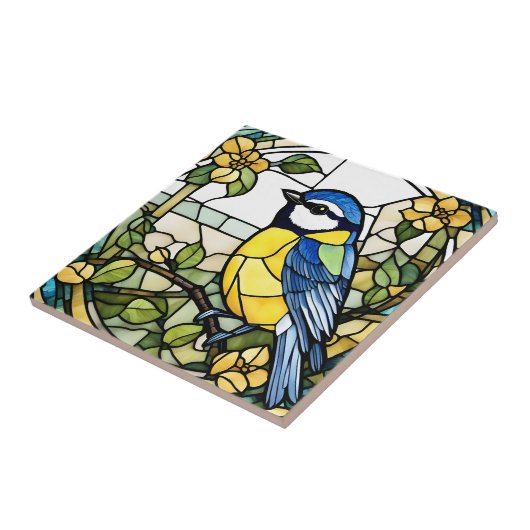 Blue Tit Faux Glas in lood Bluetit Bird Tegeltje (Zijkant)