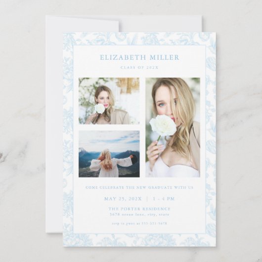Blue Toile Afstuderen Aankondiging Kaart Uitnodige (Achterkant)