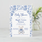 Blue Toile Baby shower Invitation Kaart (Staand voorkant)