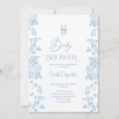 Blue Toile Beer Baby shower Jongensuitnodiging Kaart (Voorkant)