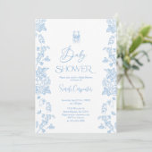 Blue Toile Beer Baby shower Jongensuitnodiging Kaart (Staand voorkant)