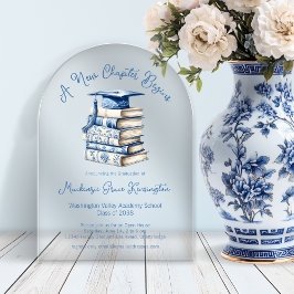 Blue Toile Books Coquette Nieuw Chapter Afstuderen Acryl Uitnodigingen