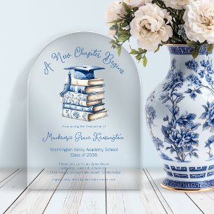 Blue Toile Books Coquette Nieuw Chapter Afstuderen Acryl Uitnodigingen