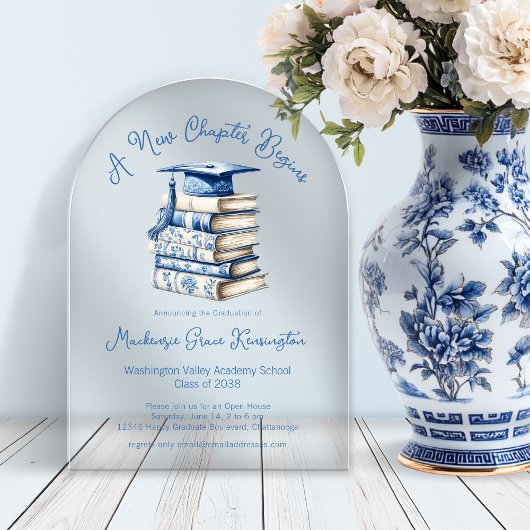 Blue Toile Books Coquette Nieuw Chapter Afstuderen Acryl Uitnodigingen