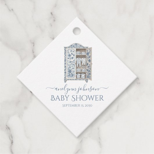 Blue Toile Botanical Wardrobe Baby shower Bedankjes Labels (Voorkant)