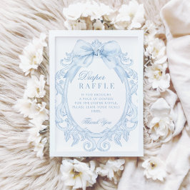 Blue Toile Bow Baby Boy Shower Diaper Raffle Sign Kaart