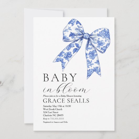 Blue Toile Bow Baby shower uitnodiging (Voorkant)