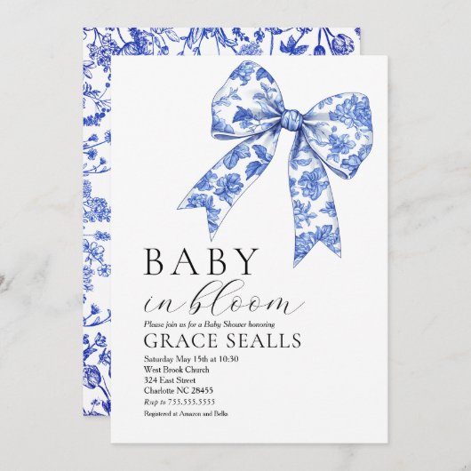 Blue Toile Bow Baby shower uitnodiging (Voorkant / Achterkant)