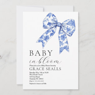 Blue Toile Bow Baby shower uitnodiging