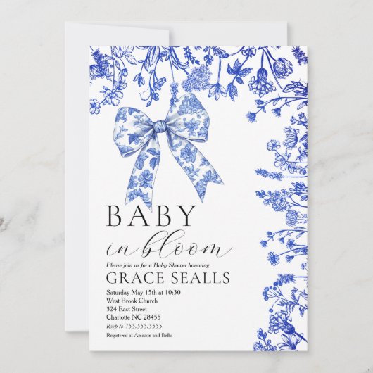 Blue Toile Bow Baby shower uitnodiging (Voorkant)