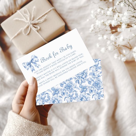 Blue Toile Bow Boek voor Baby shower Informatiekaartje