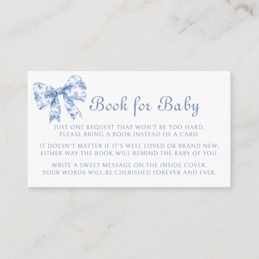 Blue Toile Bow  Boek voor Baby shower Informatiekaartje (Voorkant)