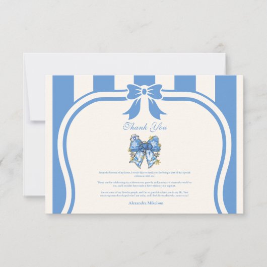 Blue Toile Bow Coquette Nursing School Afstuderen Bedankkaart (Voorkant)