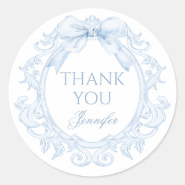 Blue Toile Bow Frame Baby Boy Shower Thank You Ronde Sticker
