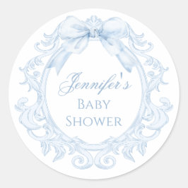 Blue Toile Bow Frame Chic Baby Boy Shower Ronde Sticker