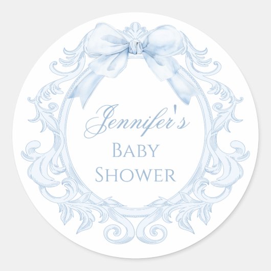 Blue Toile Bow Frame Chic Baby Boy Shower Ronde Sticker (Voorkant)