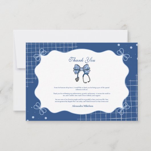 Blue Toile Bow Nurse School Afstudeerder Bedankkaart (Voorkant)