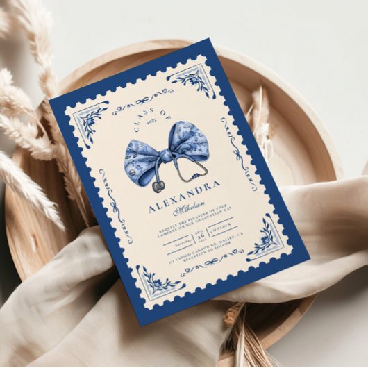 Blue Toile Bow Nursing School Afstuderen Kaart