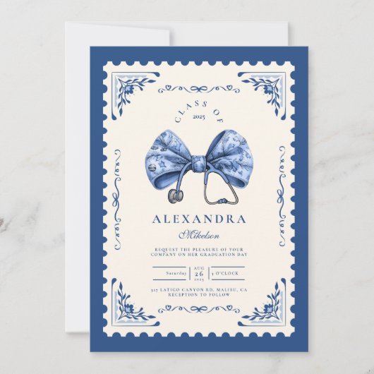 Blue Toile Bow Nursing School Afstuderen Kaart (Voorkant)