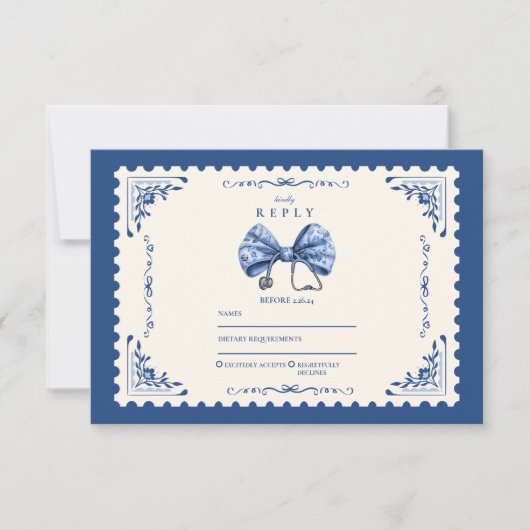 Blue Toile Bow Nursing School Afstuderen RSVP Kaartje (Voorkant)