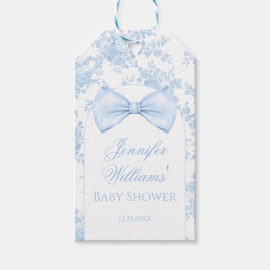 Blue Toile Bow Stropdas Boho Baby Boy Shower Dank Cadeaulabel (Voorkant)