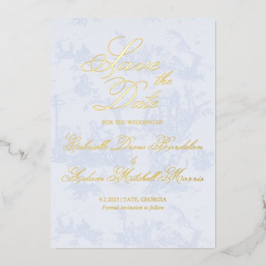 Blue Toile Bruiloft Save the Date Folie Uitnodiging (Voorkant)