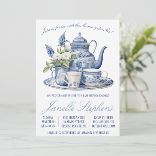 Blue Toile China, Victoriaans Tea Party Baby showe Kaart (Staand voorkant)