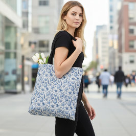 Blue Toile Christmas Ornaments, Bells & Ribbon Tote Bag