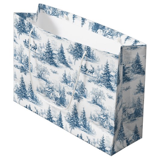 Blue Toile Christmas Pattern  Groot Cadeauzakje (Voorkant Gekanteld)