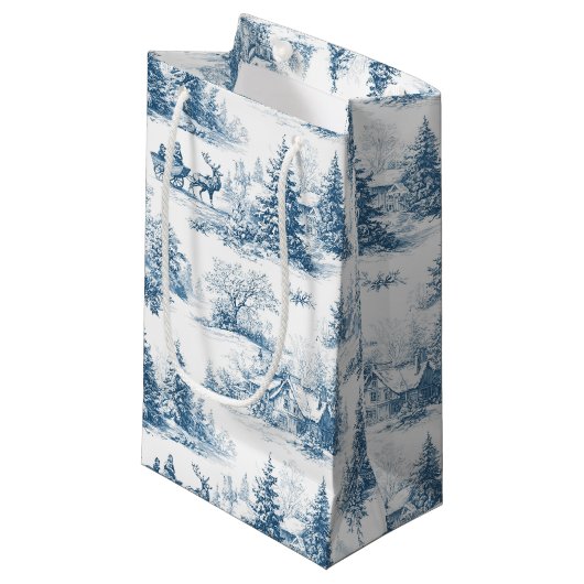 Blue Toile Christmas Pattern  Klein Cadeauzakje (Voorkant Gekanteld)
