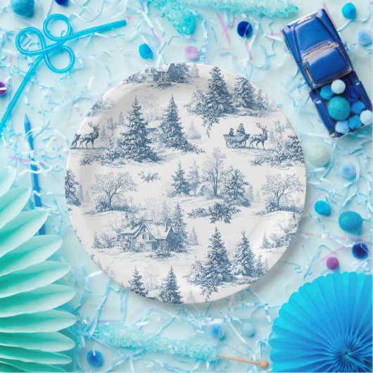 Blue Toile Christmas Pattern Papieren Bordje (Feest)