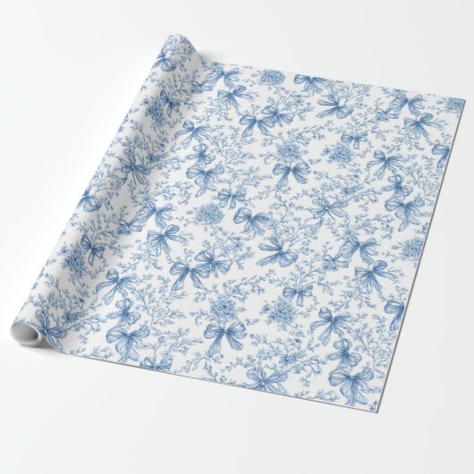 Blue Toile Coquette Pattern Cadeaupapier (Uitgerold)