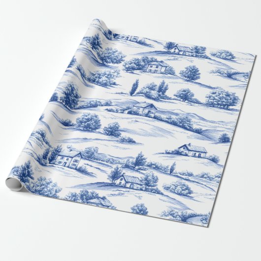Blue Toile Countryside Scene (5) Cadeaupapier (Uitgerold)