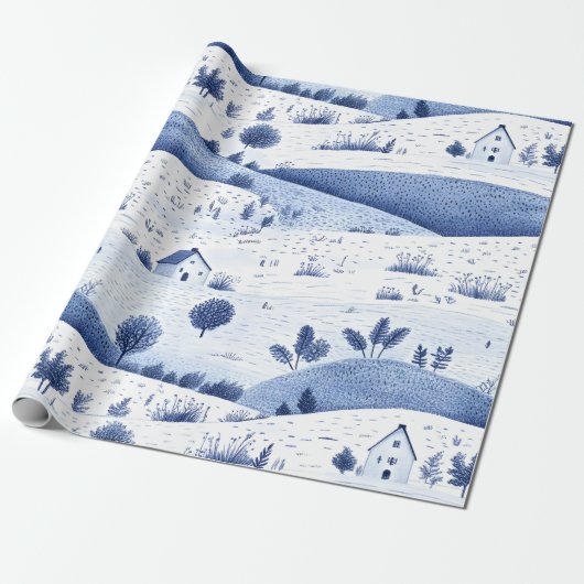 Blue Toile Countryside Scene (6) Cadeaupapier (Uitgerold)