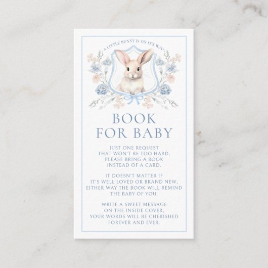 Blue Toile Crest Bunny Book voor Baby Boy Shower Informatiekaartje (Voorkant)